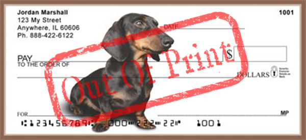 black dachshund on white background checks out of print