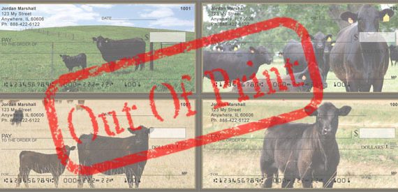 black angus cow checks out of print