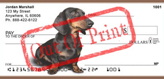 black dachshund on white background checks out of print