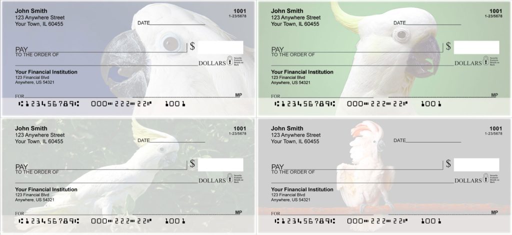 Four personal checks featuring photos of cockatoo birds.
