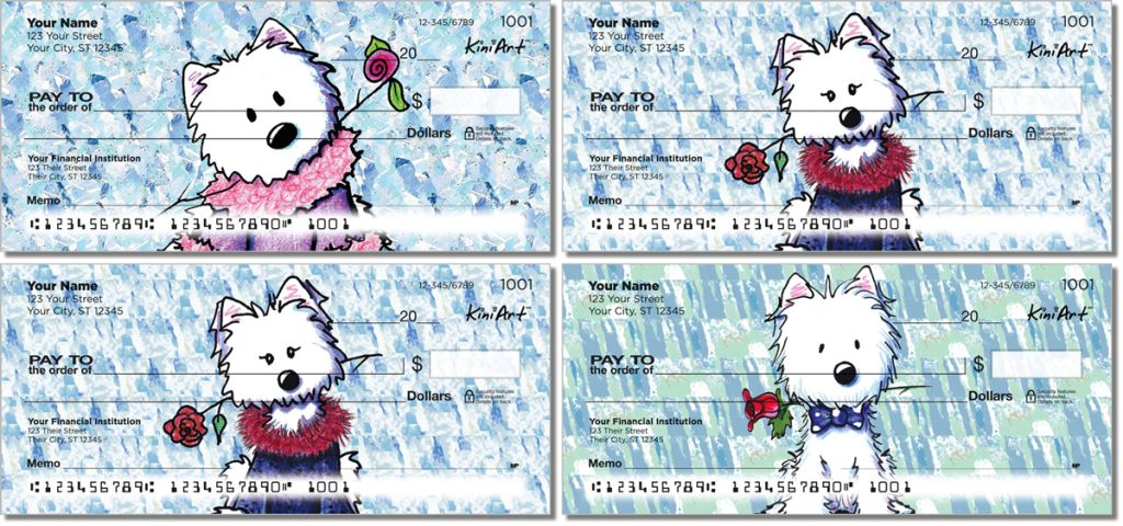 Floral westies dog checks series featuring KiniArt artwork