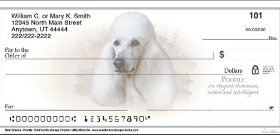 personal check featuring a poodle dog headshot