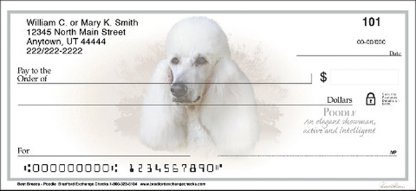personal check featuring a poodle dog headshot