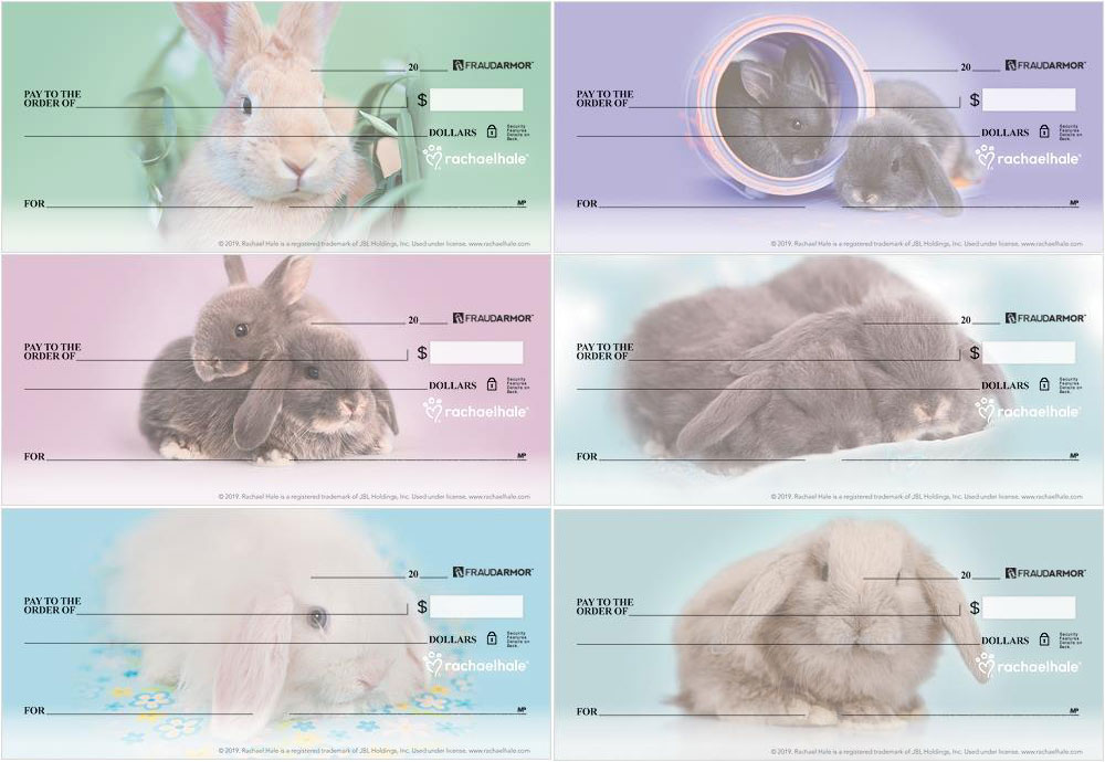 6 checks designs featuring photographs of bunnies taken by Rachael Hale
