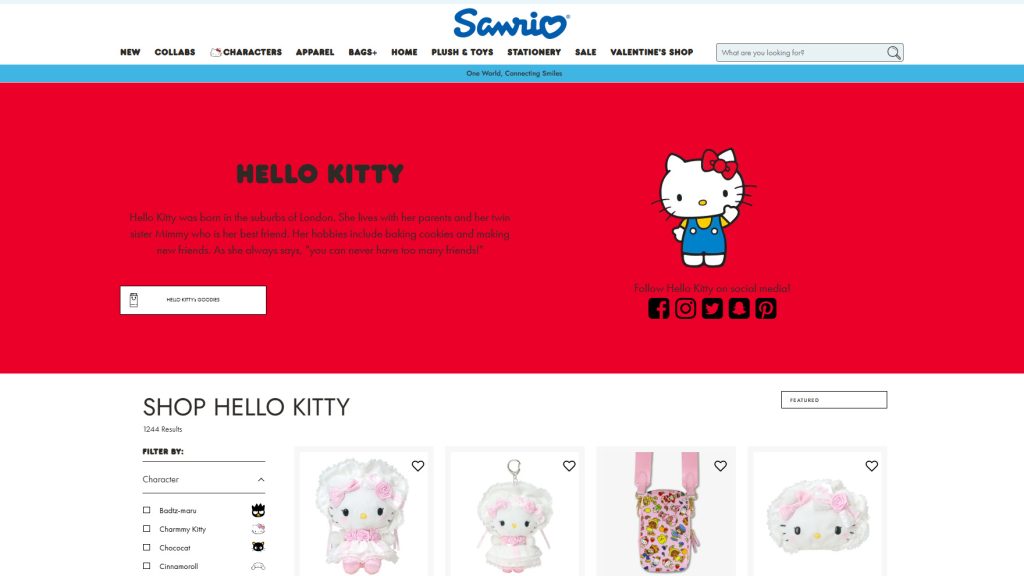 screenshot of the official sanrio store's hello kitty collection