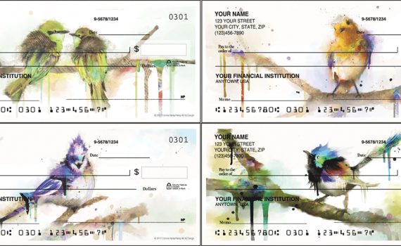 Four watercolor bird check designs by Connie Haley showing colorful birds perched on branches