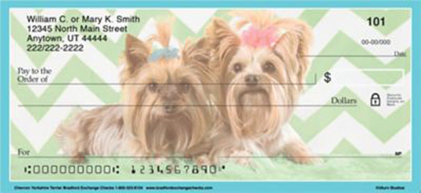 personal check featuring two yorkshire terries and a chevron background
